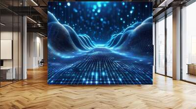 Abstract digital wave of glowing particles in blue and orange colors. Generated image Wall mural