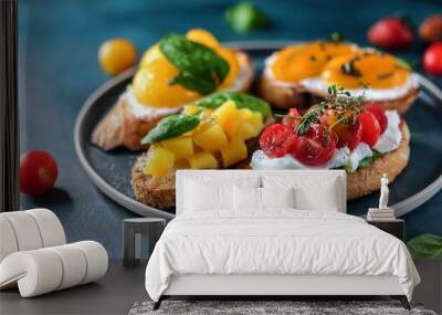 Healthy vegetarian toasts with cream cheese, Fruits. Summer fresh fruit toast sandwich. Generative Image Wall mural