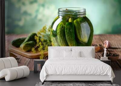 Jar of pickled cucumbers on table. Generative Image Wall mural