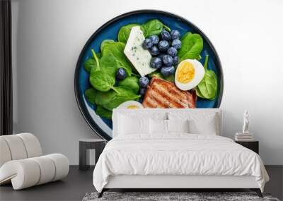 Ketogenic diet. Keto brunch. Boiled egg, pork steak and olives, cucumber, spinach. Generated image Wall mural