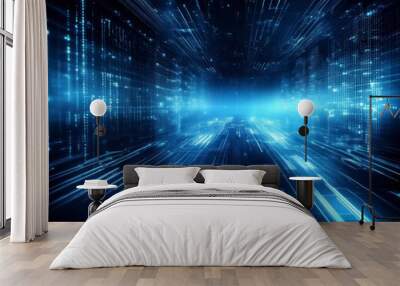 Shiny blue coding on black background with copy space. Generated image Wall mural