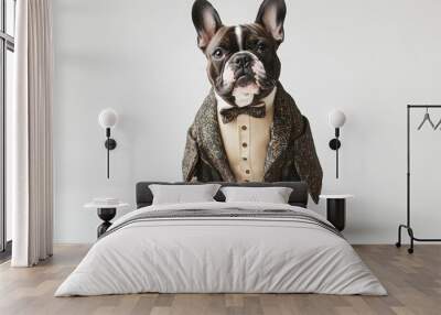 A French Bulldog dressed in a costume stands alone against a white background, showcasing its unique outfit and playful character in a clear, isolated setting. Wall mural