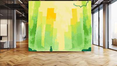 An abstract green fantasy world with cliffs on the side and a small character silhouette on the bottom, Pixel art Wall mural