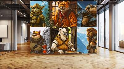 Thief, smith and merchant ready for adventure, Pixel art style fantasy character grid Wall mural