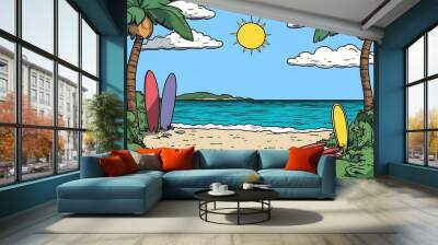 Tropical Beach Scene: Cartoon Illustration of a sunny beach with surfboards, palm trees, and ocean. Perfect for summer vibes, travel, or vacation themes. Wall mural