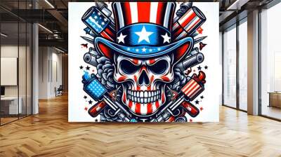 American Skull with Patriotic Hat and Guns Wall mural