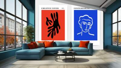 Contemporary art print. Matisse inspired posters. Abstract creative shapes of human faces and floral design in vector Wall mural