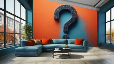 Black question mark on vibrant blue and orange background with abstract design and textured details symbolizing confusion or inquiry. Generative AI Wall mural