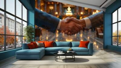 Business handshake in luxury hotel lobby - generative ai Wall mural