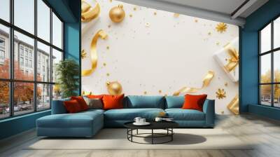 Elegant Gold and White Gift Arrangement with Ribbons and Decorations, Generative AI Wall mural