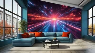 Futuristic light speed effect with neon streaks - generative ai Wall mural