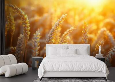 Golden wheat field at sunset - generative ai Wall mural