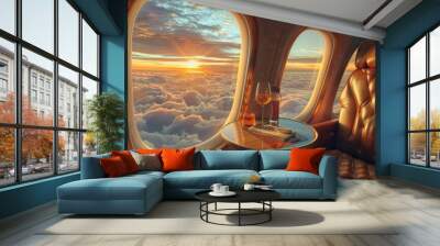 Luxurious Private Jet Window Seat with Sunset View - Generative AI Wall mural