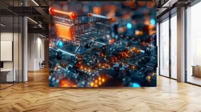 Miniature shopping cart on a circuit board - generative ai Wall mural