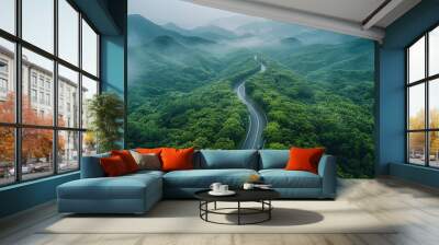 Scenic winding road through green mountains - generative ai Wall mural