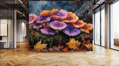 Vibrant mushrooms on forest log - generative ai Wall mural