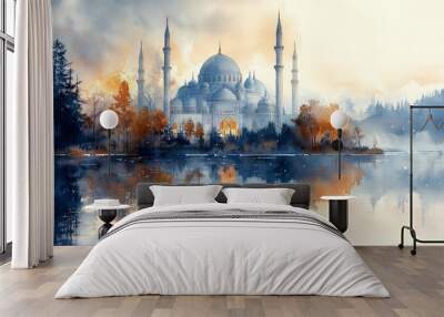 Watercolor dreamscape mosque reflection - generative ai Wall mural