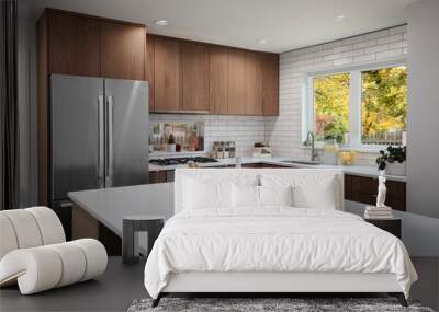 modern kitchen interior with kitchen counter ready for a dinner party Wall mural