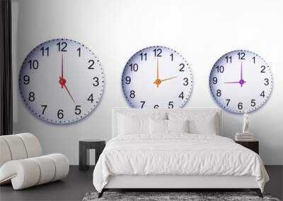 3 clock show time on a white background Wall mural