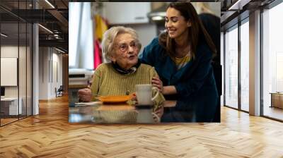 Senior woman and nurse enjoying a nutritious meal together at a dining table in a retirement home. Wall mural