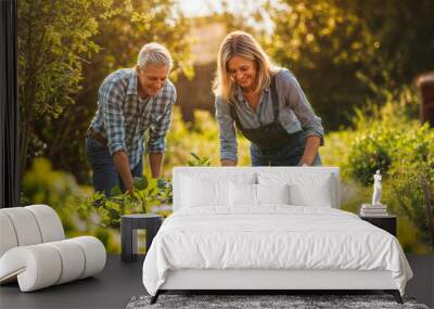 Happy retired couple gardening and enjoying life in bright sunshine Wall mural