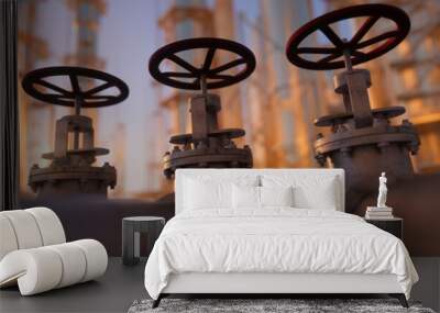 Large industrial gas pipelines in a modern refinery at sunrise 3d render Wall mural