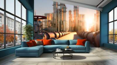 Large industrial gas pipelines in a modern refinery at sunrise 3d render Wall mural