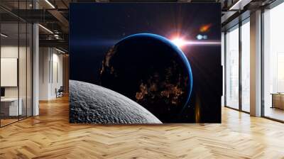 luna eclipse in space concept showing the moon, planet earth and the bright sun, panoramic Wall mural