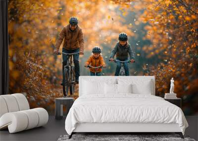 Young family out cycling forest trails in autumn with golden leaves falling from the trees and bright sunlight Wall mural