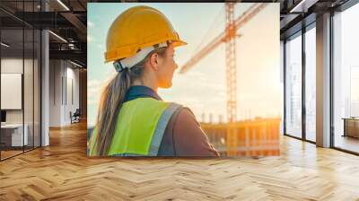 Young female construction worker in safety clothing on a commercial building site holding plans and surveying the site Wall mural