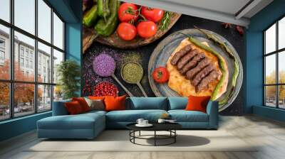 Grilled burgers on the pita bread named cevapi , souvlaki , şiş or inegöl köfte Wall mural