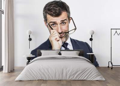 smiling middle aged businessman putting his eyeglasses for corporate vision Wall mural