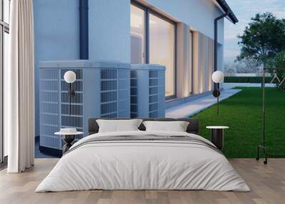 Air heat pump beside house, 3D illustration Wall mural