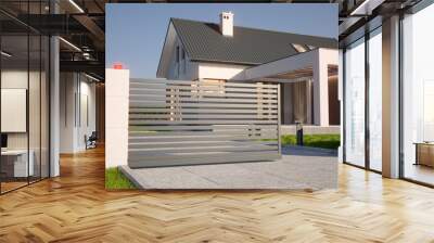 Automatic Sliding Gate and modern house, 3d illustration
 Wall mural