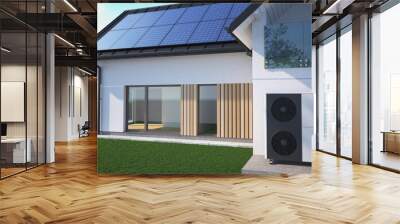 Heat pump next to the house and solar panels on the roof. The concept of an energy-efficient home. 3D illustration Wall mural