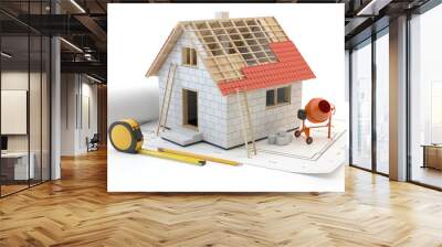 House construction concept. Small 3D model of house and plans isolated on white background. 3D illustration  Wall mural