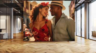 Beautiful young Cuban couple smiling and dancing on the street. Latin American man and woman enjoying a romantic relationship. Dating and falling in love. Wall mural