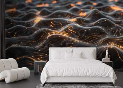 Dark wavy texture with golden lines, lights, and sparkling particles. Vibrating field of energy. Dynamic, flowing, smooth abstract background. Connectivity, fabric of space, universe. Wall mural