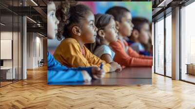 Diverse group of multicultural children in the classroom, listening attentively. Kids wearing colorful clothes, sitting at the desk. Lesson at primary school. Attentive young students. Wall mural