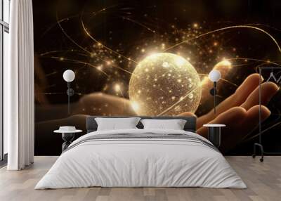 Hand holding a magical glowing ball of light with sparkles around it. Wall mural