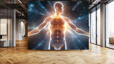 Human body with glowing golden energy flowing inside, on dark sparkling background with blue rays. Figure of energized healthy fit man with spread arms, filled with shiny energy. Wall mural