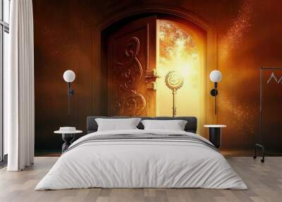 Magic key opening the door to the dimension of light. Golden light coming through the open magical door. Wall mural