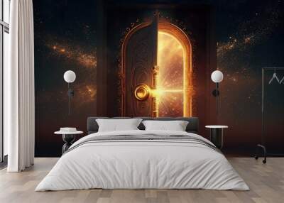 Magical light portal leading to another dimension. Golden light coming through the open door. Wall mural