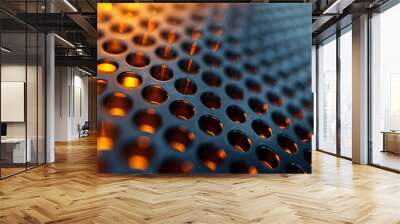 Metallic texture of backlit perforated surface, with orange light coming through the holes. Technological honeycomb background, industrial abstract, modern engineering. Wall mural