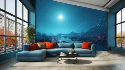 Misty volcanic landscape in blue moonlight on alien planet Wall mural