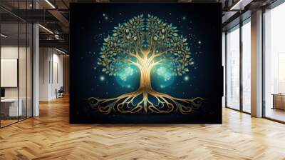 Ornate spirit tree with strong roots, on sparkling dark background. Mythological magic tree, spiritual energy concept. Wall mural