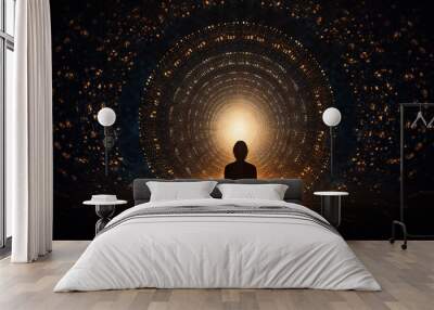 Silhouette of a meditating person in a magical environment, surrounded by circles of golden sparkling energy Wall mural