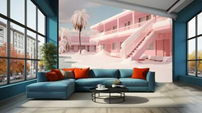 Tropical resort after unexpected snowstorm. Retro feel. Pink southern hotel with a frozen swimming pool and palm trees covered in snow. Abandoned building. Climate change. Winter in tropics. Wall mural