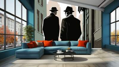 Two mysterious men in black walking and spying in the city. Secret investigation, conspiracy. Wall mural