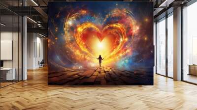 Woman reaching out to a glowing heart made of light and energy. Symbol of love and kindness in the sky. Colorful artistic background. Wall mural